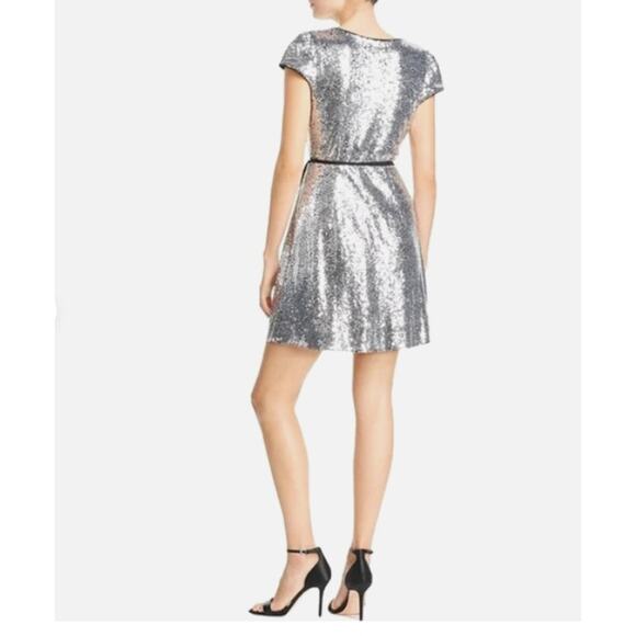 AQUA NWT Silver Sequin Mini Party Cocktail Wrap Dress // S - Picture 2 of 15